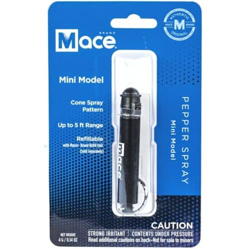 Black Mace Brand Pepper Spray Mini Model Keychain In Package Front View