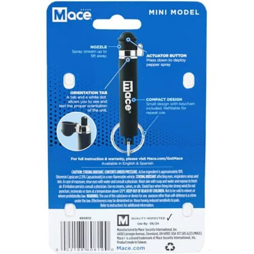 Black Mace Brand Pepper Spray Mini Model Keychain In Package Back View