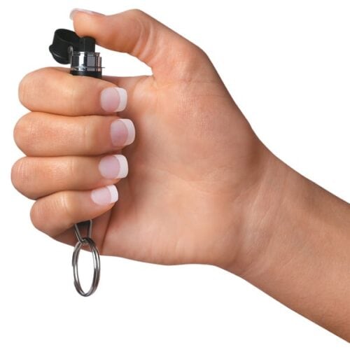 Black Mace Brand Pepper Spray Mini Model Keychain Open In Hand View