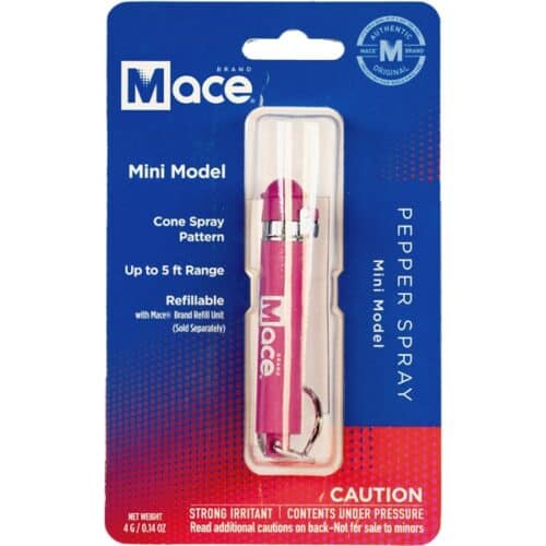 Pink Mace Brand Pepper Spray Mini Model Keychain In Package Front View