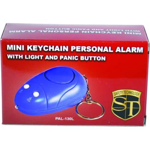 Safety Technology Mini Keychain Personal Alarm With Light and Panic Button In Package Front View