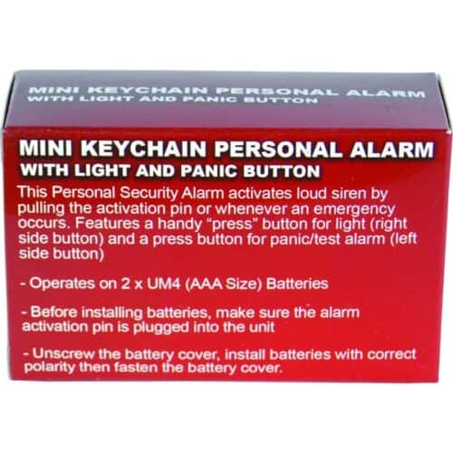 Safety Technology Mini Keychain Personal Alarm With Light and Panic Button In Package Back View