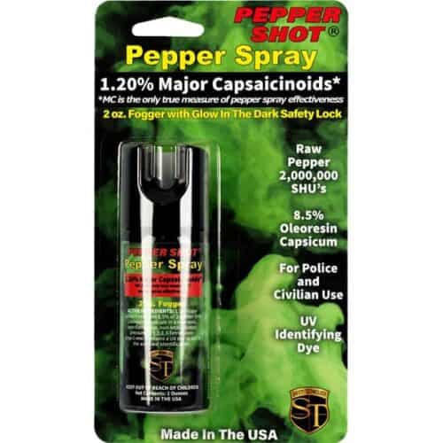 Safety Technology Pepper Shot Pepper Spray 2oz. Fogger With Glow In The Dark Safety Lock Made In The USA In Package Front View
