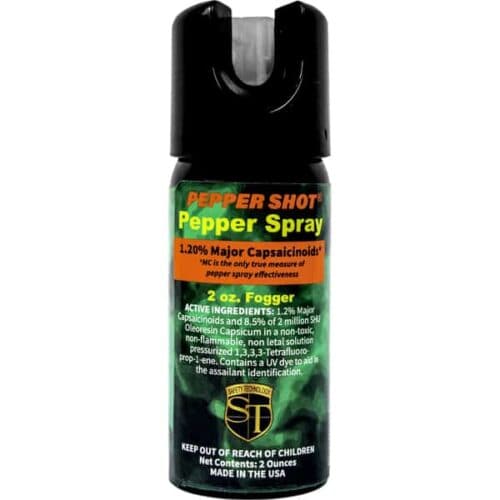 Safety Technology Pepper Shot Pepper Spray 2oz. Fogger With Glow In The Dark Safety Lock Made In The USA Front View
