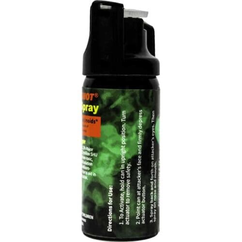 Safety Technology Pepper Shot Pepper Spray 2oz. Fogger With Glow In The Dark Safety Lock Made In The USA Side View