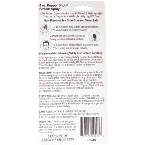 Safety Technology Pepper Shot Pepper Spray 4oz Made in The USA In Package Back View