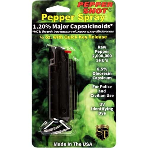Black Safety Technology Pepper Shot Pepper Spray 1/2oz. Hard Case With Quick Release Keychain Made In USA In Package Front View