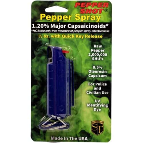 Blue Safety Technology Pepper Shot Pepper Spray 1/2oz. Hard Case With Quick Release Keychain Made In USA In Package Front View