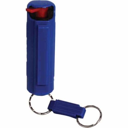 Blue Safety Technology Pepper Shot Pepper Spray 1/2oz. Hard Case With Quick Release Keychain Made In USA Back View