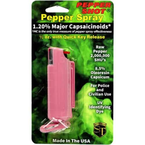 Pink Safety Technology Pepper Shot Pepper Spray 1/2oz. Hard Case With Quick Release Keychain Made In USA In Package Front View