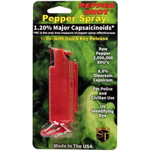 Red Safety Technology Pepper Shot Pepper Spray 1/2oz. Hard Case With Quick Release Keychain Made In USA In Package Front View