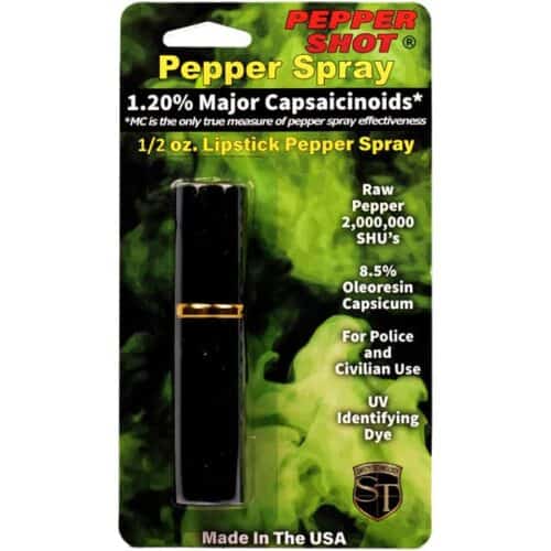 Black Safety Technology Pepper Shot Lipstick Pepper Spray 1/2oz. Made In USA In Package Front View