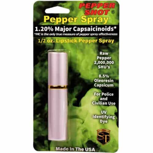 Pink Safety Technology Pepper Shot Lipstick Pepper Spray 1/2oz. Made In USA In Package Front View