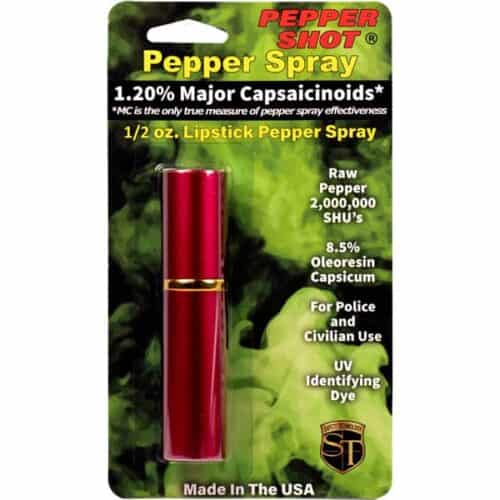 Red Safety Technology Pepper Shot Lipstick Pepper Spray 1/2oz. Made In USA In Package Front View