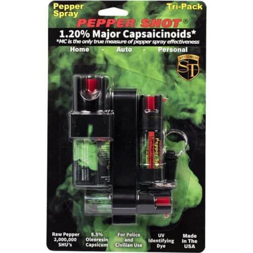 Safety Technology Pepper Shot Pepper Spray Tri-Pack Home, Auto, And Personal In Package Front View Made In USA
