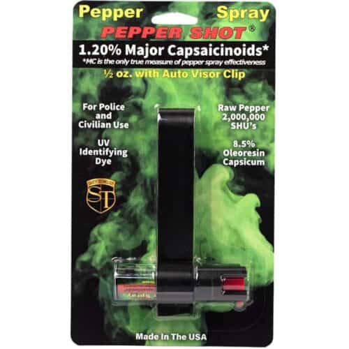 Safety Technology Pepper Shot Pepper Spray 1/2 oz. With Auto Visor Clip In Package Front View Made In USA