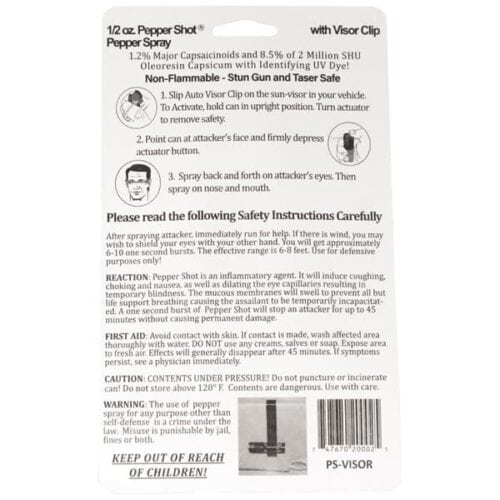 Safety Technology Pepper Shot Pepper Spray 1/2 oz. With Auto Visor Clip In Package Back View Made In USA