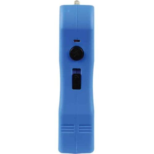 Blue Runt Rechargeable Stun Gun With Flashlight and Wrist Strap Disable Pin Power Button Side View