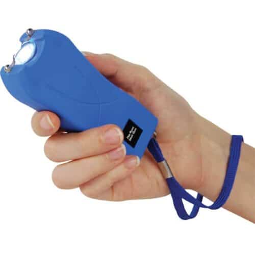 Blue Runt Rechargeable Stun Gun With Flashlight and Wrist Strap Disable Pin In Hand