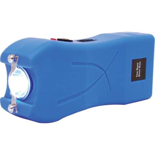 Blue Runt Rechargeable Stun Gun With Flashlight and Wrist Strap Disable Pin Front View