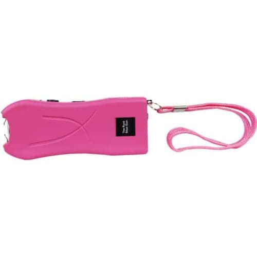 Pink Runt Rechargeable Stun Gun With Flashlight and Wrist Strap Disable Pin Side View