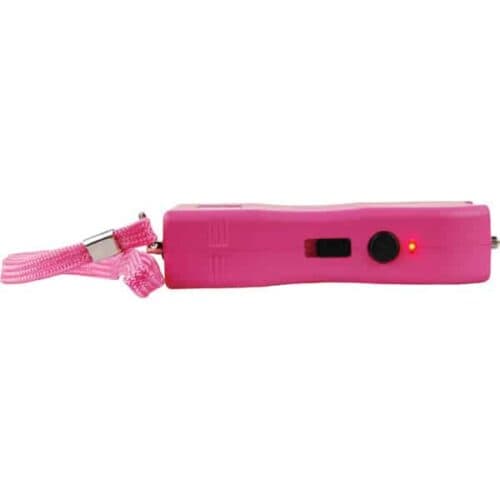 Pink Runt Rechargeable Stun Gun With Flashlight and Wrist Strap Disable Pin Power Button Side View