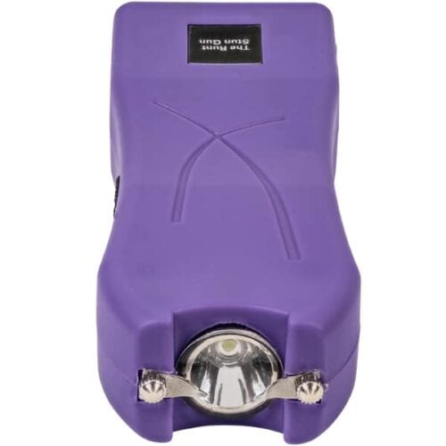 Purple Runt Rechargeable Stun Gun With Flashlight and Wrist Strap Disable Pin Top View