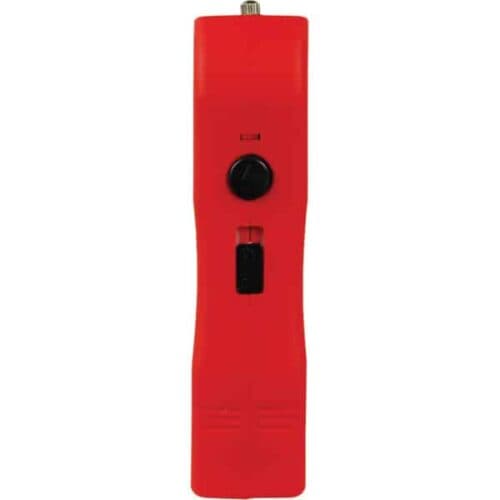Red Runt Rechargeable Stun Gun With Flashlight and Wrist Strap Disable Pin Power Button Side View
