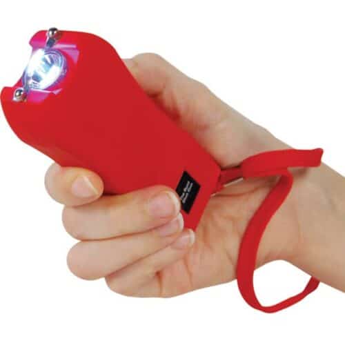 Red Runt Rechargeable Stun Gun With Flashlight and Wrist Strap Disable Pin In Hand