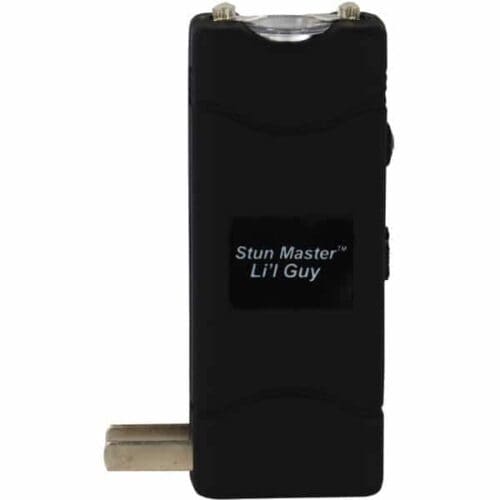 Black Stun Master Li'L Guy Stun Gun With Flashlight and Keychain Front View