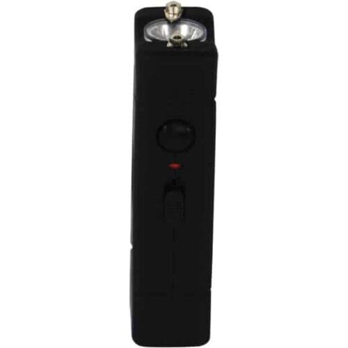 Black Stun Master Li'L Guy Stun Gun With Flashlight and Keychain Power Button Side View