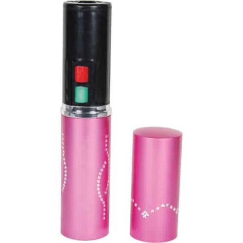 Pink Lipstick Rechargeable Stun Gun With Flashlight Open View