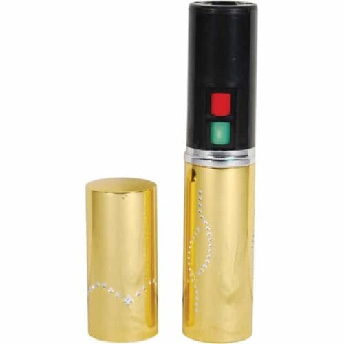 Gold Lipstick Rechargeable Stun Gun With Flashlight Open View