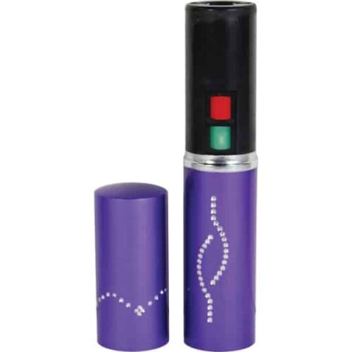Purple Lipstick Rechargeable Stun Gun With Flashlight Open View