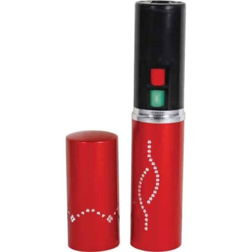 Red Lipstick Rechargeable Stun Gun With Flashlight Open View