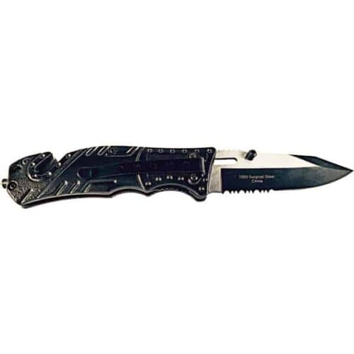 Black Wartech Assisted Open Tactical Survival Folding Knife With Flashlight Two Tone Blade Right Side Open View