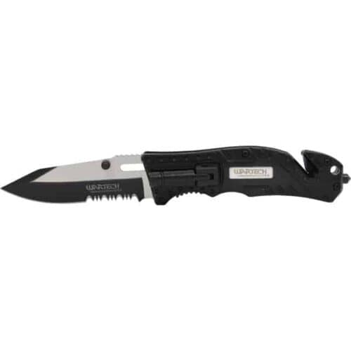 Black Wartech Assisted Open Tactical Survival Folding Knife With Flashlight Two Tone Blade Left Side Open View