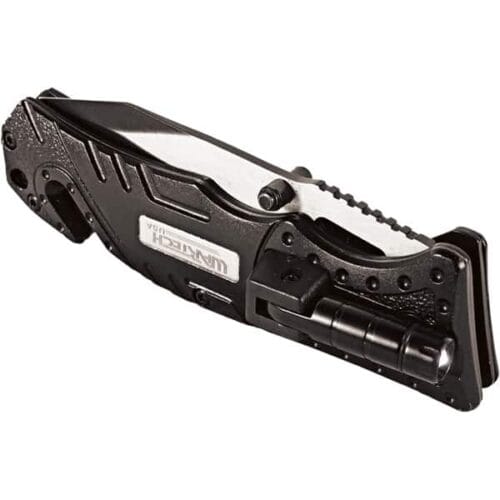 Black Wartech Assisted Open Tactical Survival Folding Knife With Flashlight Two Tone Blade Closed View