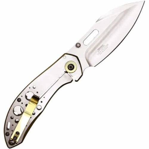 Assisted Opening Folding Pocketknife Silver With Gold Trim Open Pocket Clip View