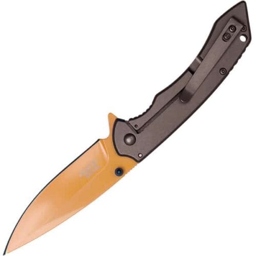Wartech Assisted Open Folding Pocketknife Gray Handle With Orange Blade Open Pocket Clip View
