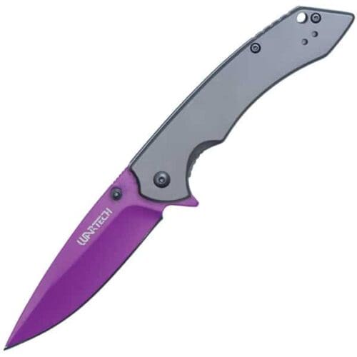 Wartech Assisted Open Folding Pocketknife Gray Handle With Purple Blade Open View
