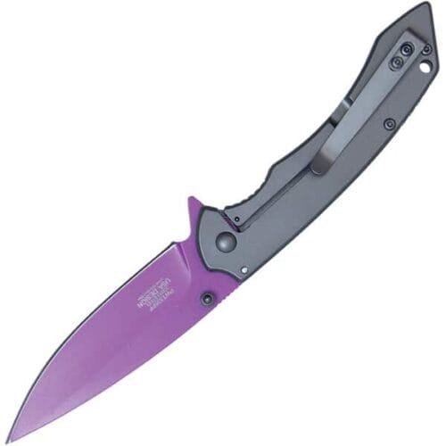Wartech Assisted Open Folding Pocketknife Gray Handle With Purple Blade Open Pocket Clip View