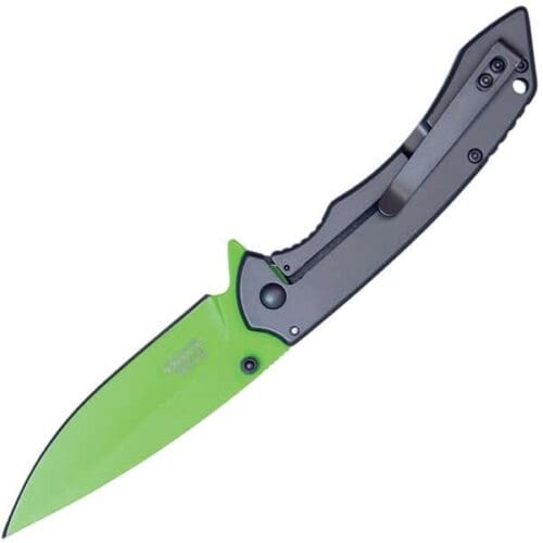 Wartech Assisted Open Folding Pocketknife Gray Handle With Green Blade Open Pocket Clip View