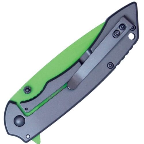 Wartech Assisted Open Folding Pocketknife Gray Handle With Green Blade Closed Pocket Clip View
