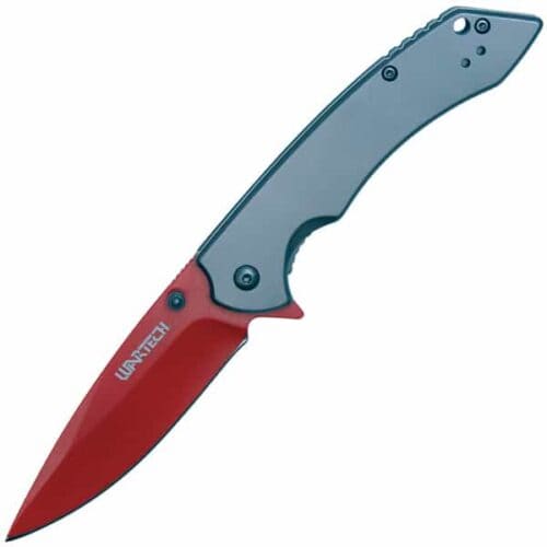 Wartech Assisted Open Folding Pocketknife Gray Handle With Red Blade Open View