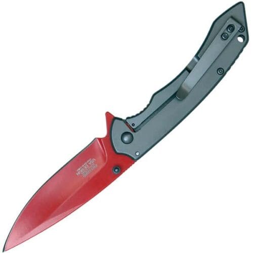 Wartech Assisted Open Folding Pocketknife Gray Handle With Red Blade Open Pocket Clip View