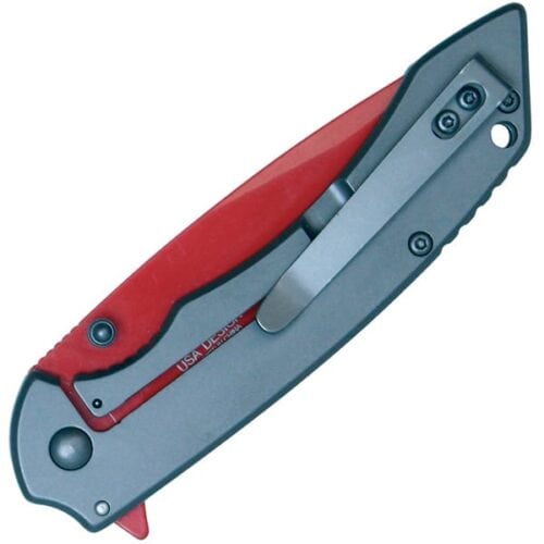 Wartech Assisted Open Folding Pocketknife Gray Handle With Red Blade Closed Pocket Clip View