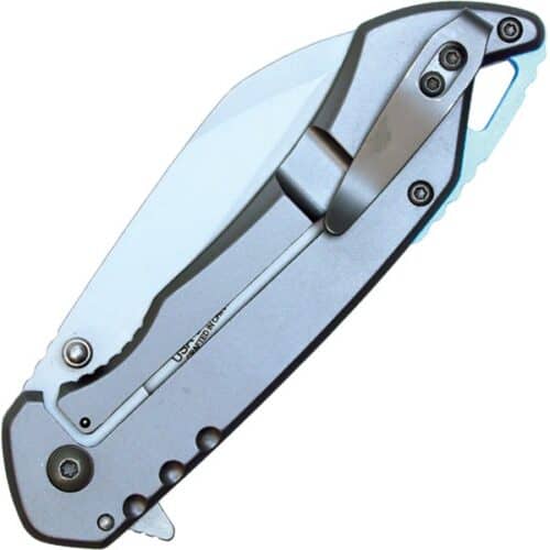 Wartech Assisted Open Folding Pocketknife Gray Handle With Blue Accents Closed Pocket Clip View