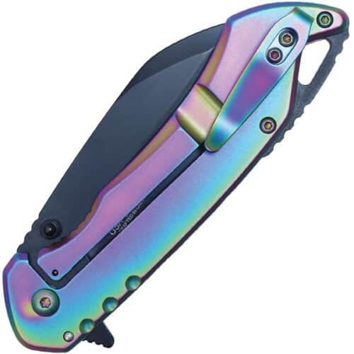 Wartech Assisted Open Folding Pocketknife Rainbow Handle With Black Accents Closed Pocket Clip View