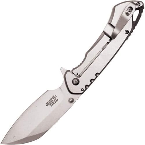 Wartech Assisted Open Folding Pocketknife Silver Handle With Black Accents Open Pocket Clip View